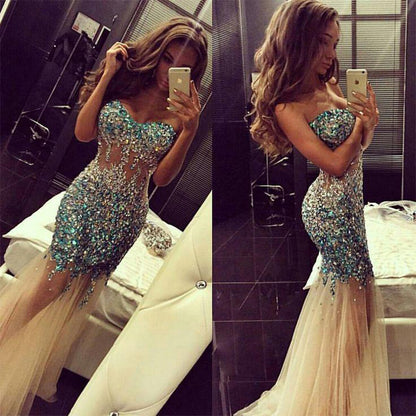 Cheap Rhinestone Beaded Mermaid Evening Dresses Sweetheart Champagne Tulle Long Teens 2016