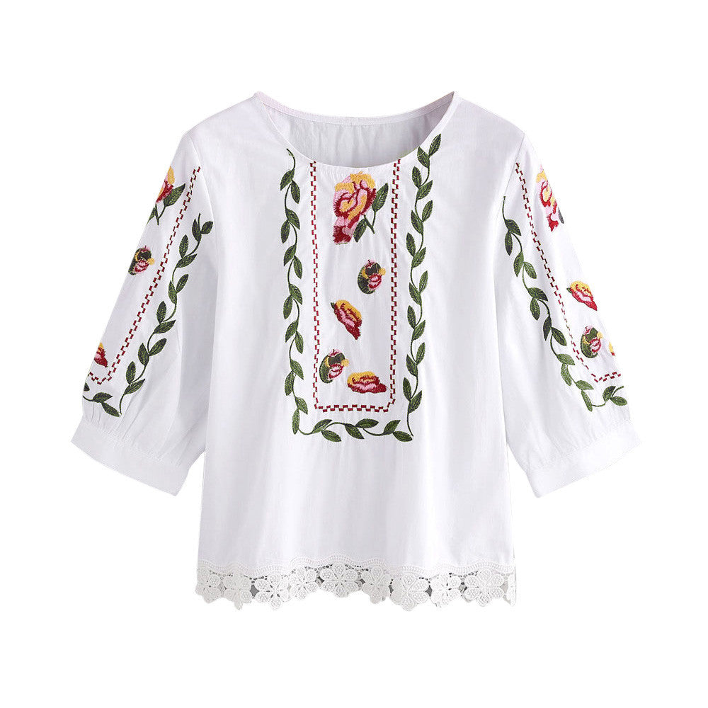 Women Lace Floral Flower Printed Blouse Casual Tops Loose T-Shirt