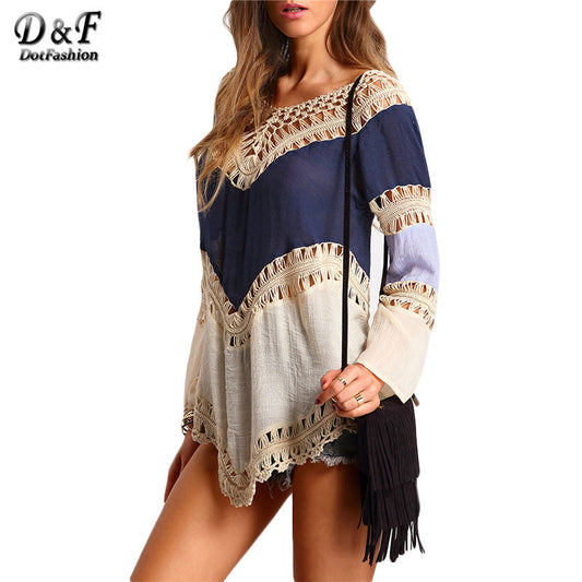 Woman Summer Tops Female Casual New Arrival Korean 2016 Shirt Colour-block Hollow Out Long Sleeve Crochet Loose Blouse