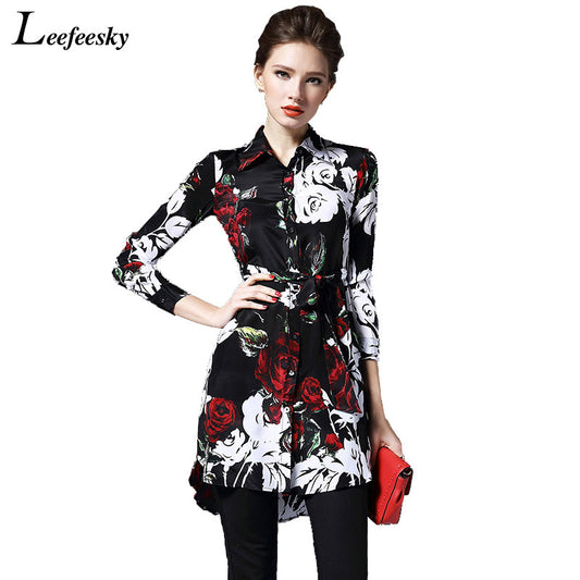 Women Long Shirts 2016 Spring Autumn Top Floral Print Blouse Shirt European Style Ladies