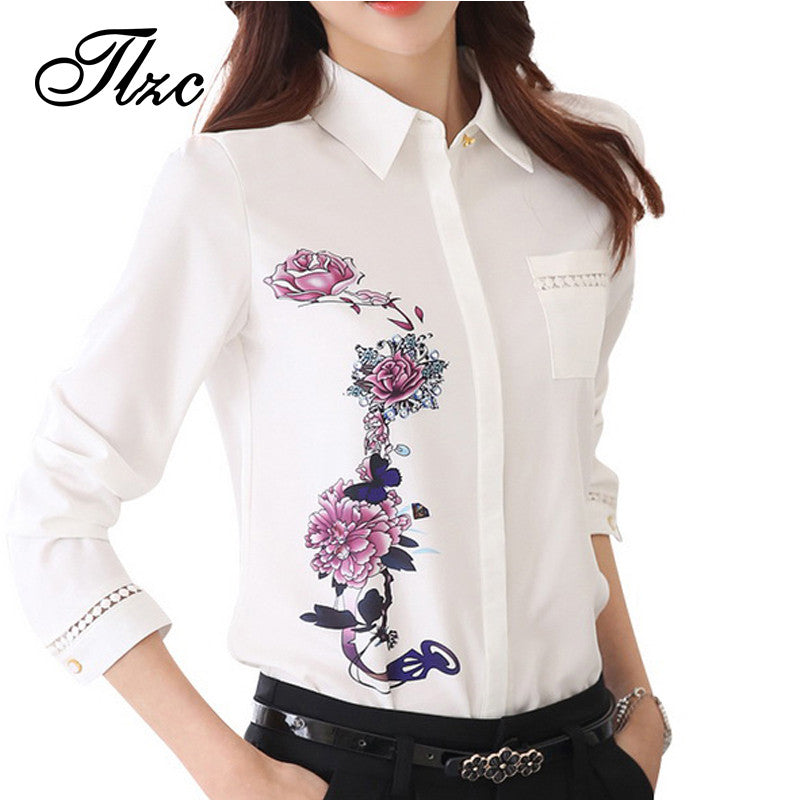 TLZC Vintage 2016 Office Lady Shirts Flower Pattern Fashion Women Blouse Size S-3XL - Shopy Max