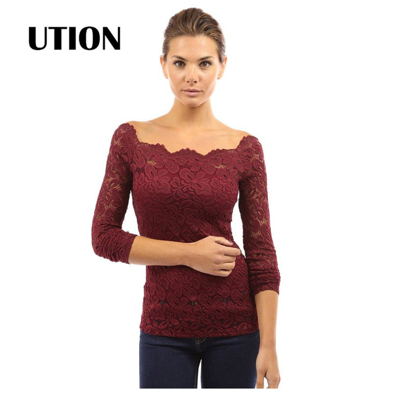 Fashion Blusas Sexy Women Blouses Hollow Out Shoulder Lace Crochet Shirts Long Sleeve