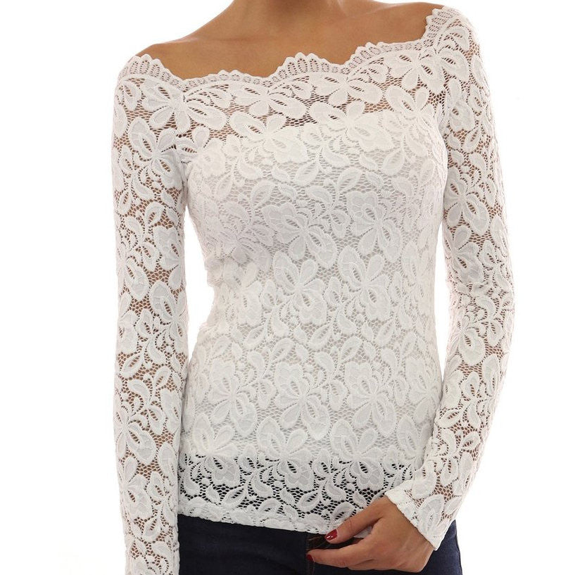 Fashion Blusas Sexy Women Blouses Hollow Out Shoulder Lace Crochet Shirts Long Sleeve