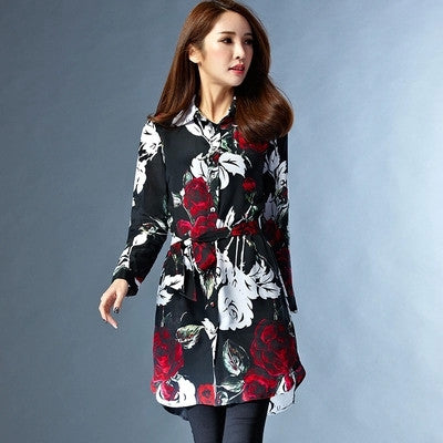 Women Long Shirts 2016 Spring Autumn Top Floral Print Blouse Shirt European Style Ladies