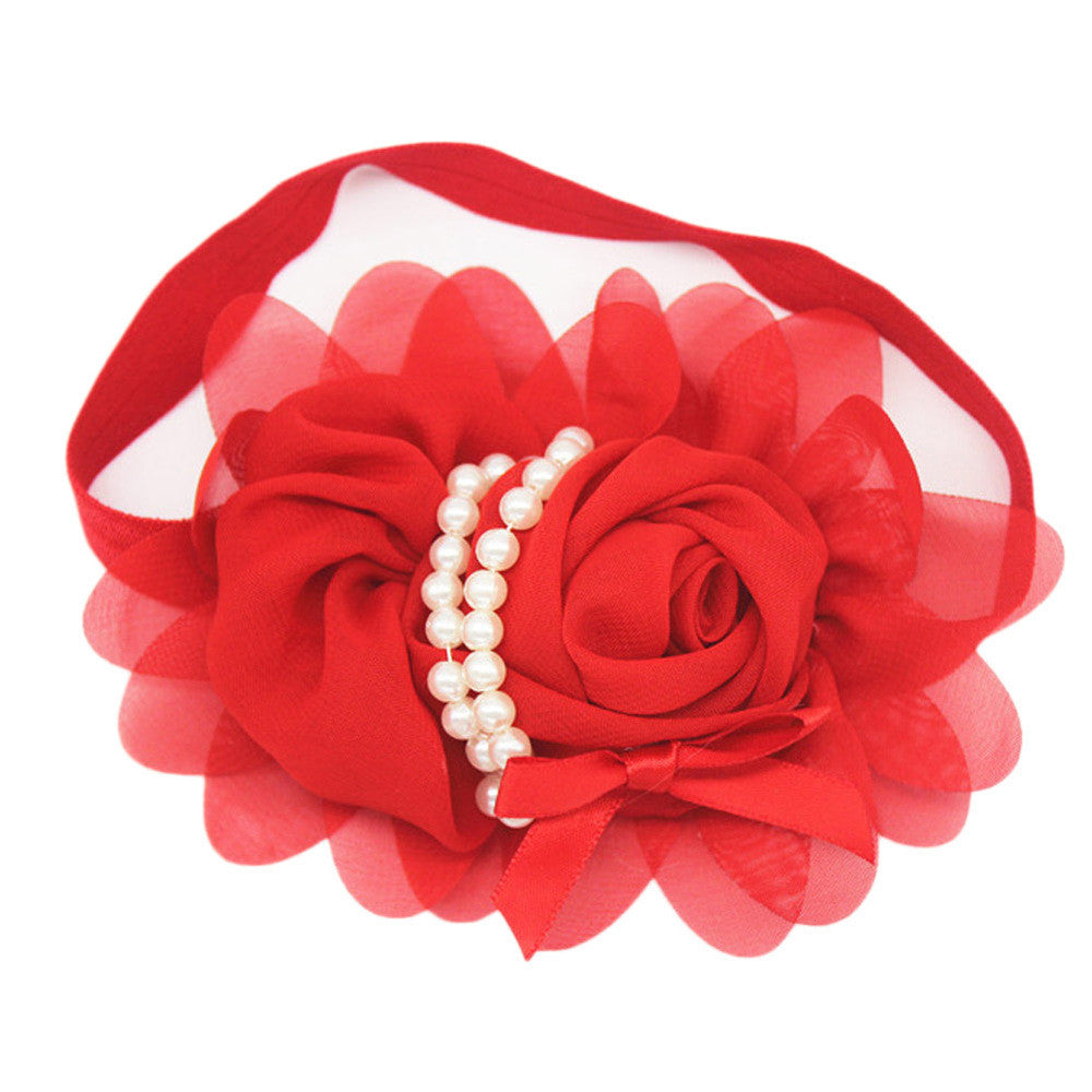 Fashion Baby Girl Headband 1pcs Rose Pearl Newborn Chiffon Flower Headband Baby Girls Infant