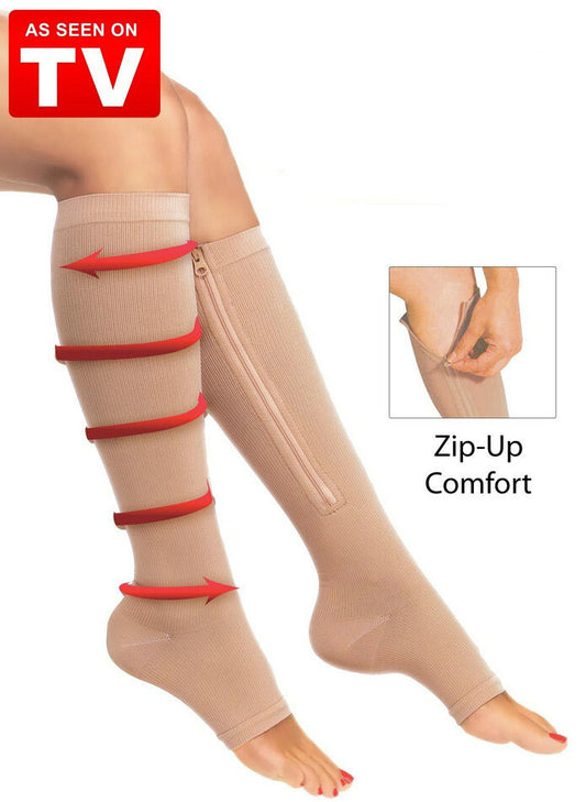 NEW 1pair Zip Sox Compression Socks Zipper Leg Support Knee Stockings Open Toe