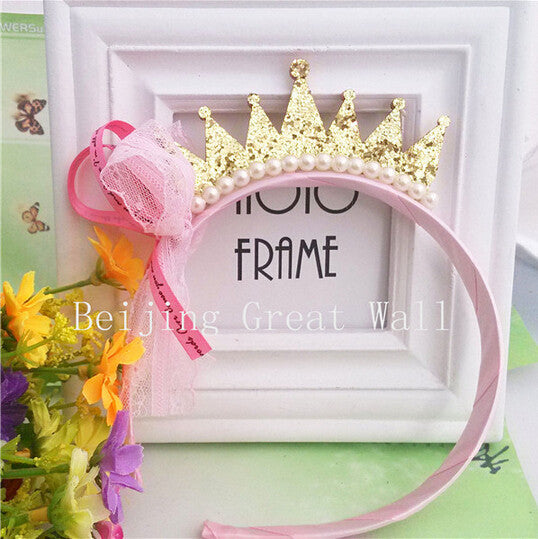 New 2016 Girls Hair Bands Pearls Resin Diamond Lace Bow Ribbon Crown Princess Children - Shopy Max