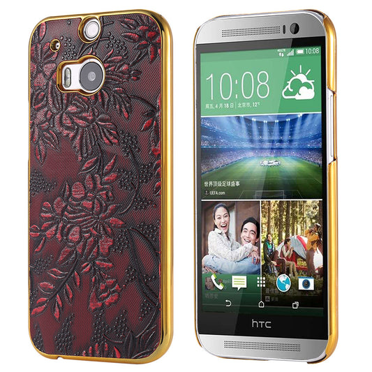 Plating PC Frame Flower Pattern Cases for HTC One M8 Cloth Skin PU Leather Flower Back Phone Cover for HTC M8 Shockproof Bags - Shopy Max