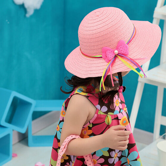 Fashion Lovely Bowknot Kids Girl Cute Summer Beach Sun Protection Straw Hat Flower Cap - Shopy Max