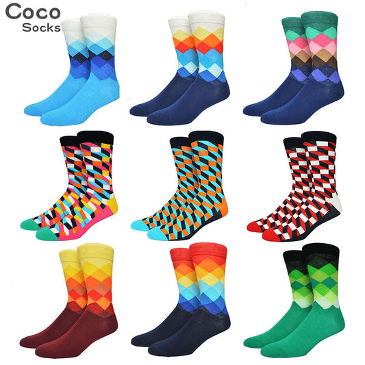 Mens Tide Brand Happy Socks Colorful Gradient Diamond Summer Style Combed Cotton Sox - Shopy Max