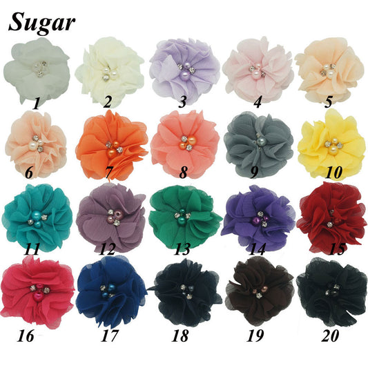 20 Color Sweet High Quality Fashion Chiffon Flower For Girls Infant Cute Rhinestone Pearl Without Clips DIY Hair Accessories