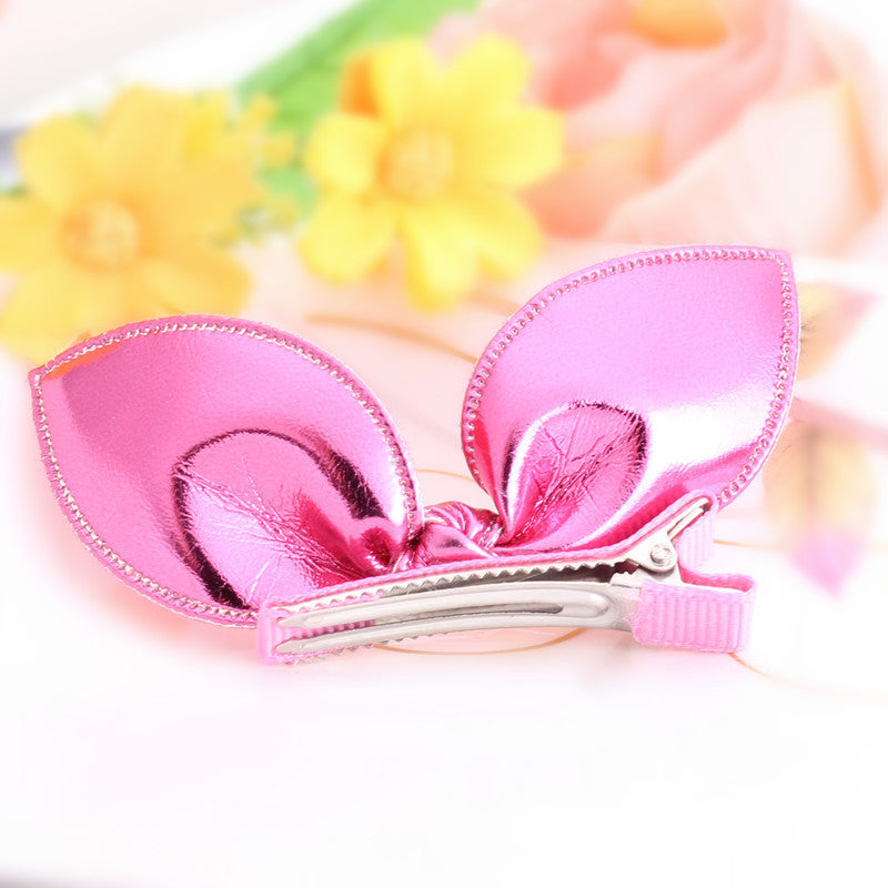 New Design Shiny Leather Rabbit Ear Hairpins Girls Hair Accessories Kids Best Gift Clip