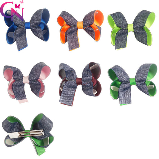 30 Pcs/lot 3.5" High Quality Handmade Two Layers Denim Hair Bow For Baby Girls - Shopy Max