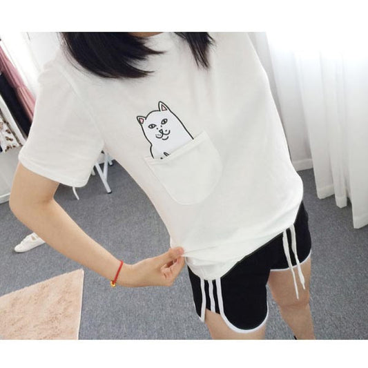 Women Print T-Shirt (+ Black Pocket Cat Harajuku)