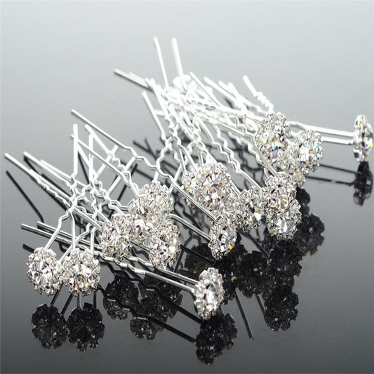 Lots 20PCS Wedding Bridal Crystal Flower Hairpin Hair Clips Bridesmaid U Shape Pins Silver Plated